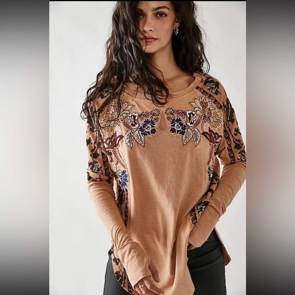 Free People Tall Tales Embroidered Embellished Top Golden Hour Combo XS